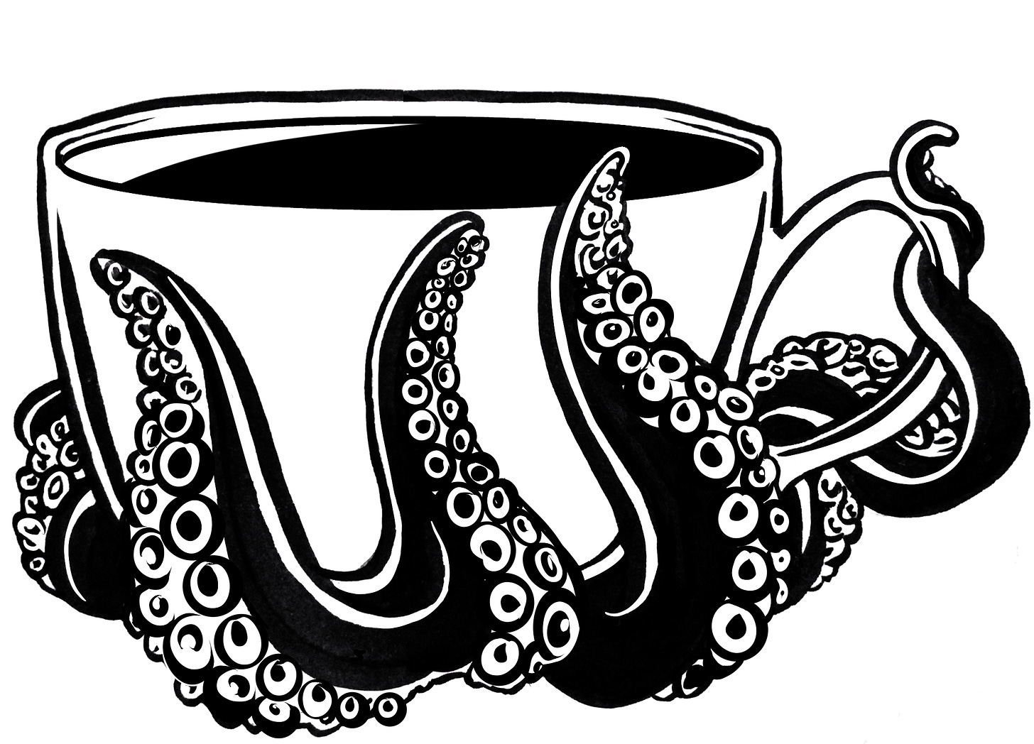 A black and white cartoon illustration of a plain white teacup clutched by some black, suckered tentacles, with one tentacle curling around the handle