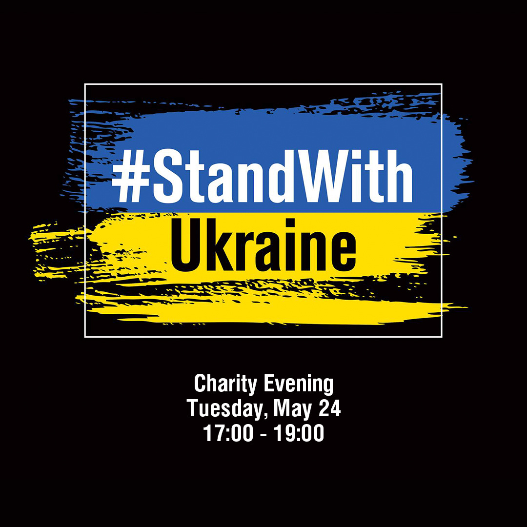 На зображенні може бути: текст «#StandWith Ukraine Charity Evening Tuesday, May 24 17:00- 19:00»