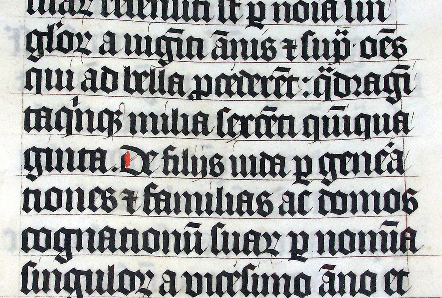 Manuscrito em letras góticas. Algumas palavras como “De”, “bella”, “paederet” e “domos” mostram letras ligadas por estruturas em comum