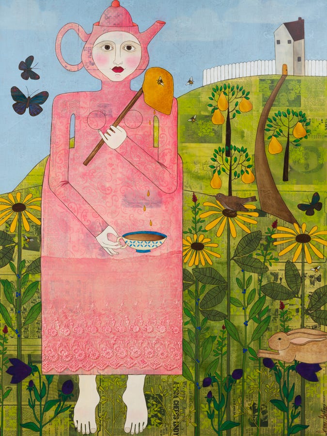 Irene Gates, Fresh Honey and Tea in Her Garden, Mixed Media on Canvas, 48 × 36 inches