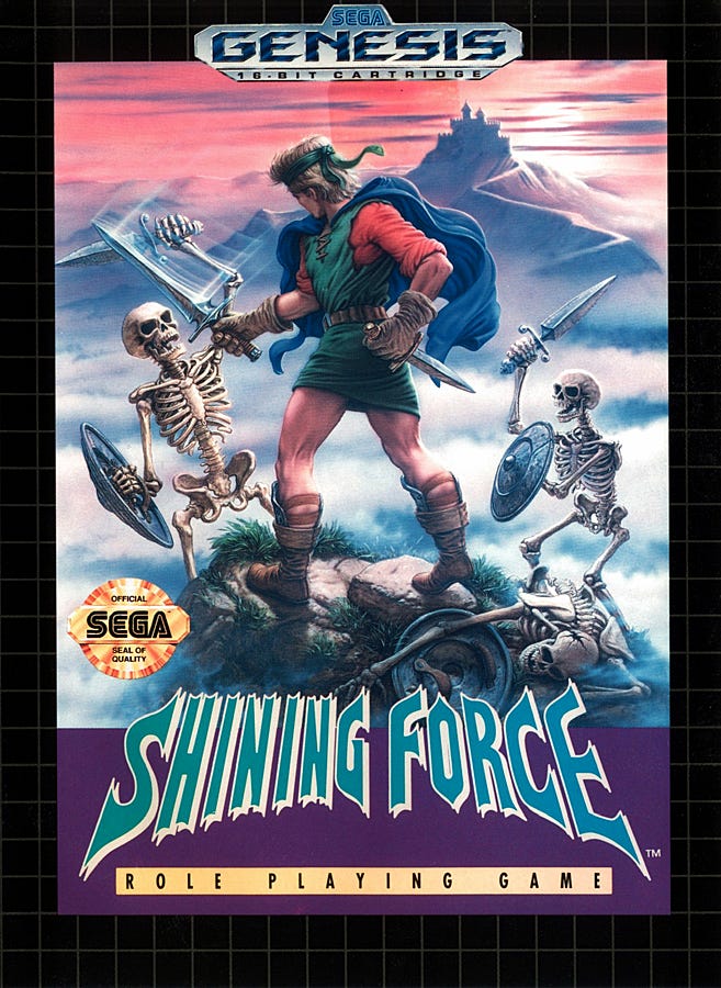 The North American box art for Shining Force, designed to look like the turn-based battle system within.