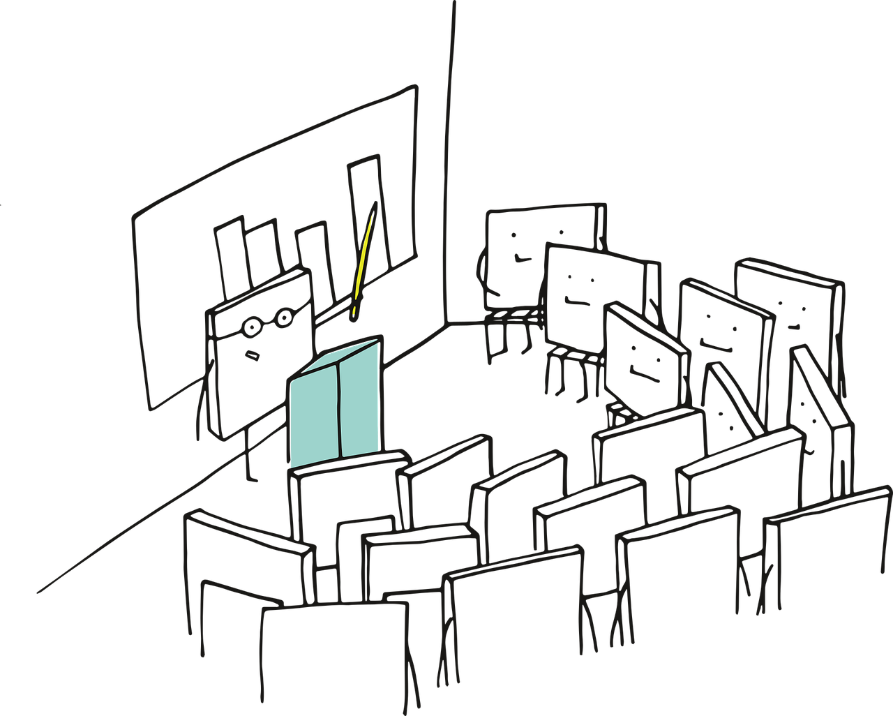line drawing of students gathered around a teacher at a chalkboard. teacher is standing at a podium andpointing at a graph on the board. teacher and students are all rectangle-shaped.