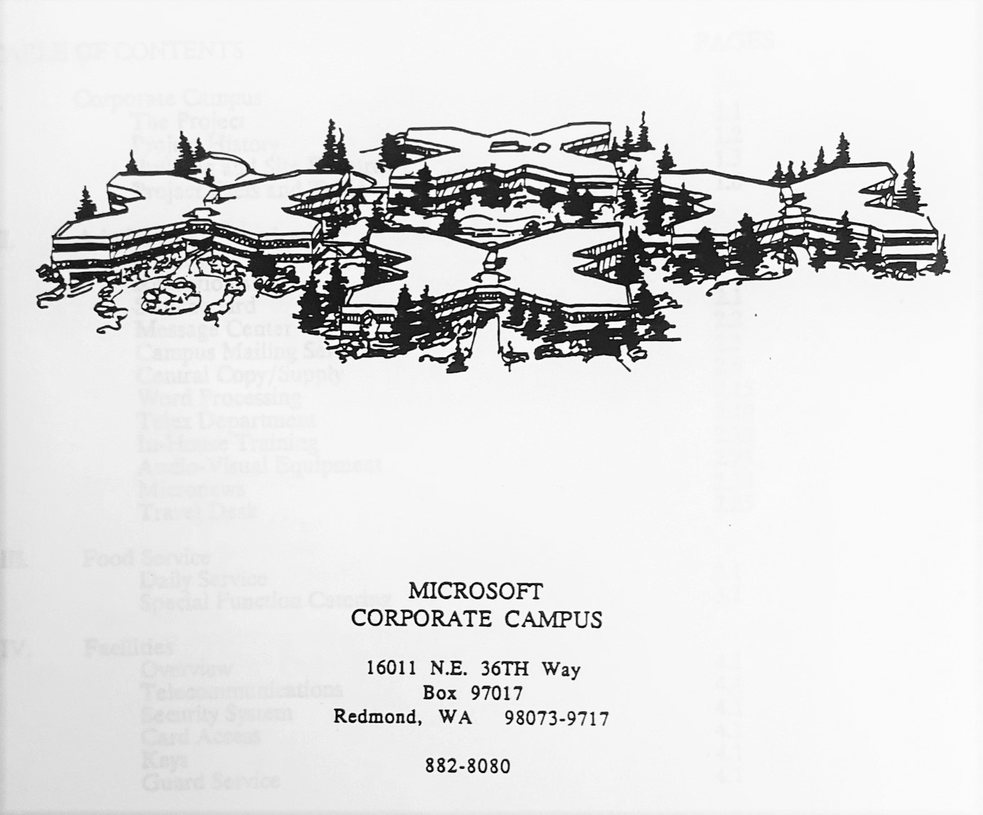Photocopy of image of corporate campus showing 4 buildings.