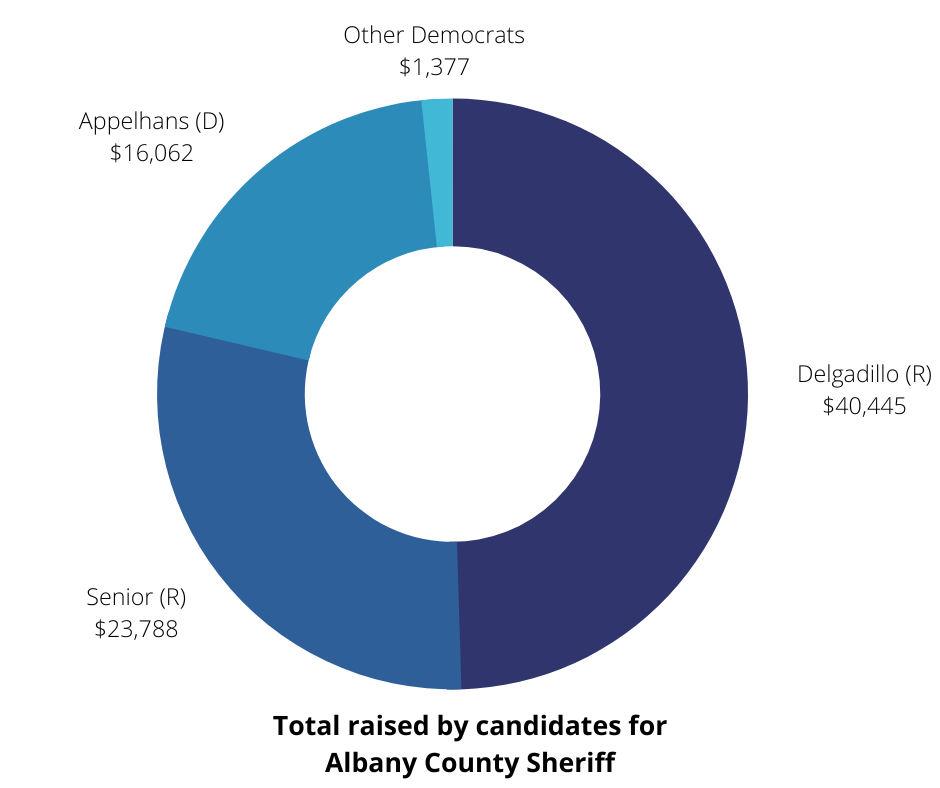 A blue shaded pie chart shows "total raised by candidates for Albany County Sheriff." Delgadillo fills half the circle, Senior fills more than a fourth, while Appelhans fills less than a quarter. "Other Democrats" make up only a sliver.