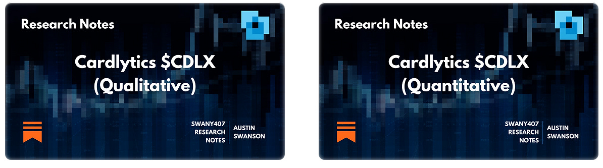Cardlytics CDLX Quantitative Qualitative Research Notes Swany407 Research Notes Austin Swanson, Competitive Advantages, Dosh, Bridg, product-level offers, new ad server, attribution, conference, presentation, partners, affirm, apple pay, google pay, POS Systems, API, insights, google, facebook, visa, mastercard, concentration, advertisers, risks, BofA renewal, self-service, short thesis, differentiation, execution risk, engagement, insider selling, glassdoor reviews, purchase data, twitter, additional resources, earnings, market price, sentiment, valuation, intrinsic value, measurement, incrementality, multi-touch attribution, marketing mix modeling, total marketing modeling, iOS14.5, IDFA, growth, massive scale, loyalty programs, 100 bagger, charlie munger, LTV/CAC, ROAS, total addressable market, TAM, $CDLX , Discussions on Chase, New Ad Server, New Banks / Neobanks, New CEO, BofA Renewal, Bridg, Dosh, Local Offers, Self-Service, Figg, Karim Temsamani, Credit Karma, Bridg, Dosh, BofA Renewal, Starbucks, Peter Chan, Jose Singer, CDLX 2.0