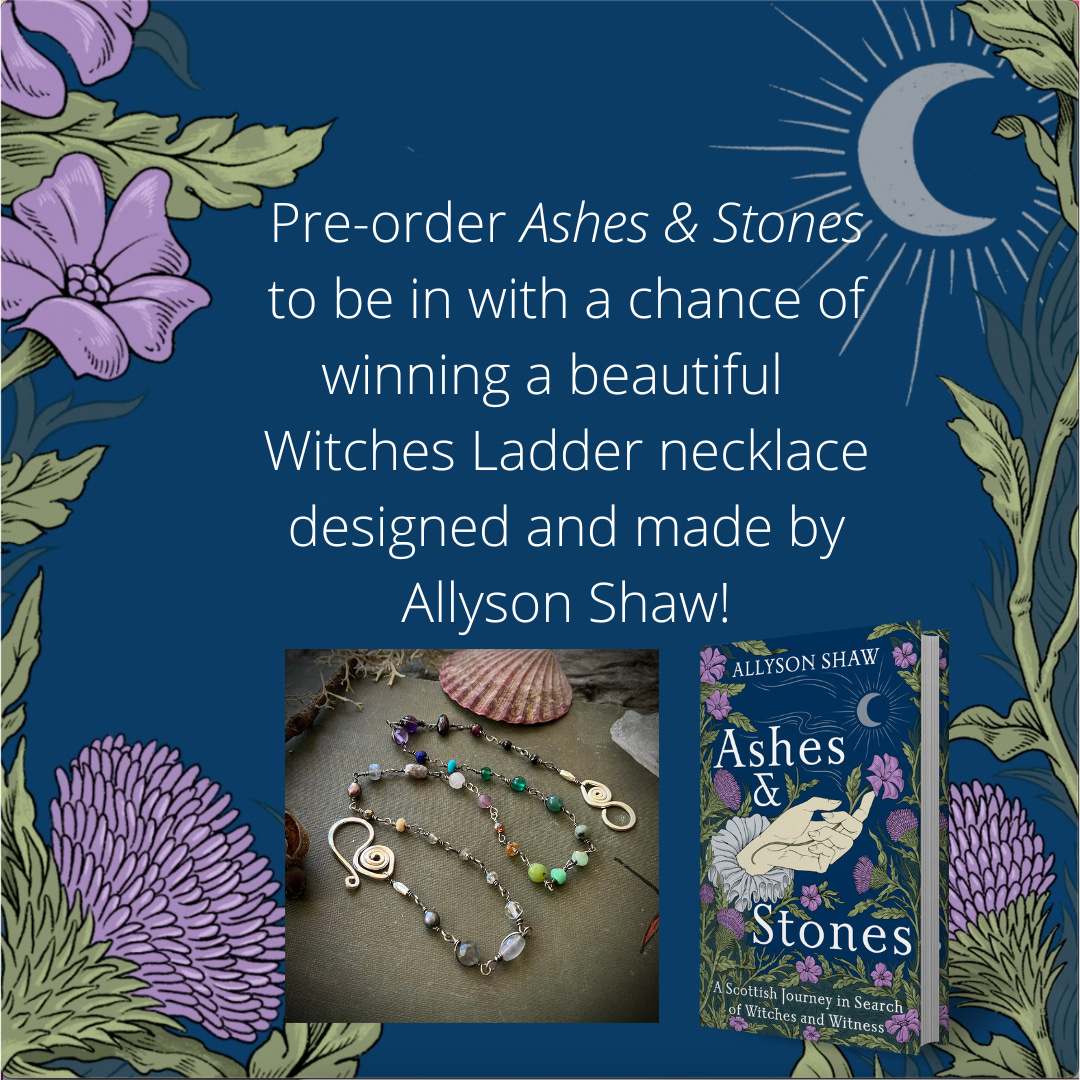 Preorder Ashes and stones to be in with a chance of winning a beautiful Witches Ladder Necklace designed and made by Allyson! With a pictrue of a sterling silver necklace with semi precious stones, surrounded by wildflowers on a blue background with a crescent moon above. 