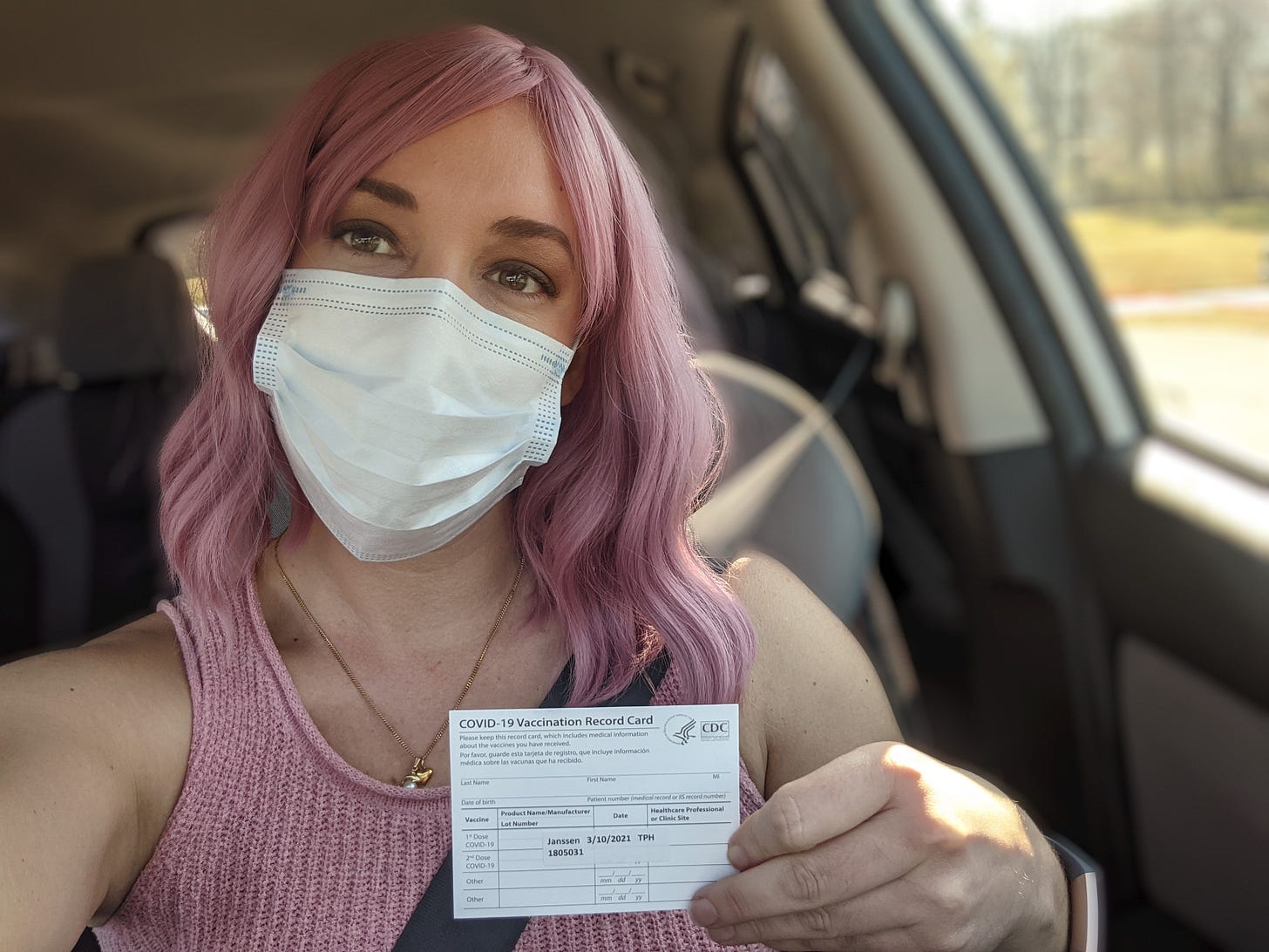 Vaccine selfie with pink hair