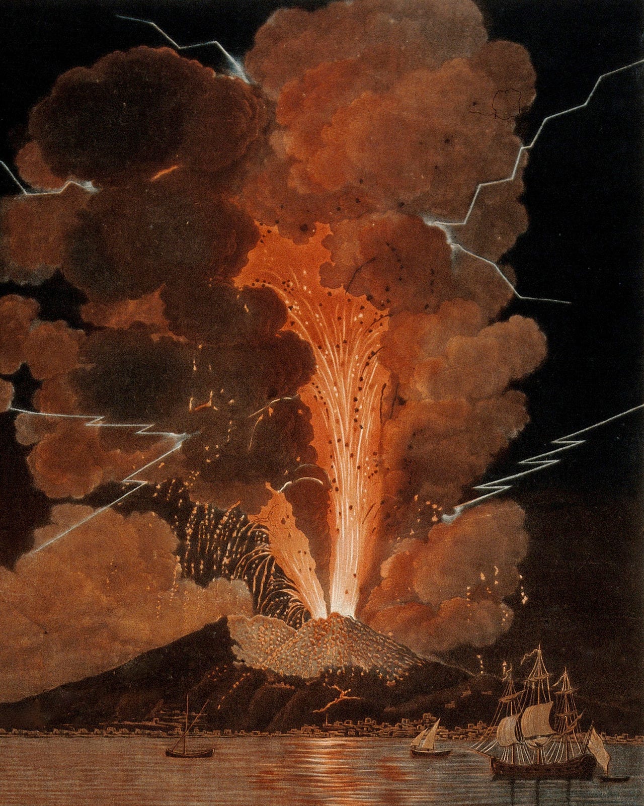 CLAWMARKS — Mount Vesuvius erupting at night, billowing clouds...
