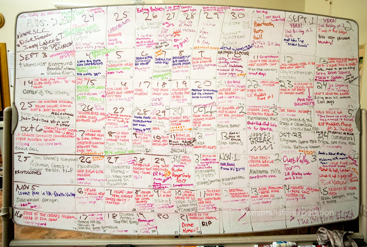 A calendar summarizing the 2017 Westminster Expedition, created at Capitol Reef National Park, 20 November 2017.