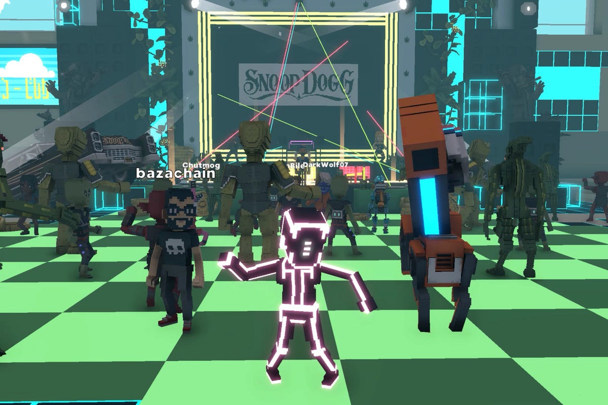 A virtual concert hall with blocky avatars dancing in front of a Snoop Dogg sign.