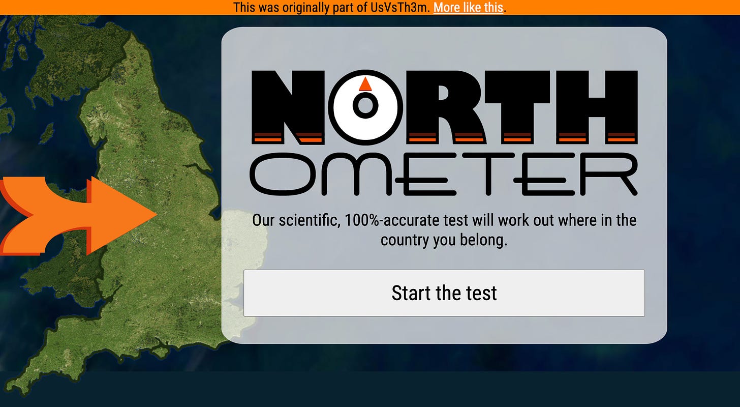 Screen shot of the North-o-Meter. It features a map of the UK on the left with an orange arrow hovering around the middle. To the right is the North-o-Meter logo above a 'Start the test' button. 