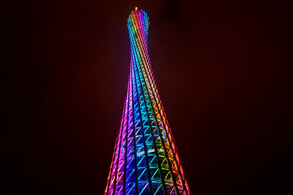 blue and pink lighted tower