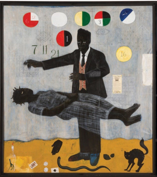 Marshall's painting shows two black figures on a kind of stage, with numbers, cards, a black cat, and other images of sorcery around; a man stands upright center stage and hovers his hand over a woman's body, which appears to be levitating horizontally.
