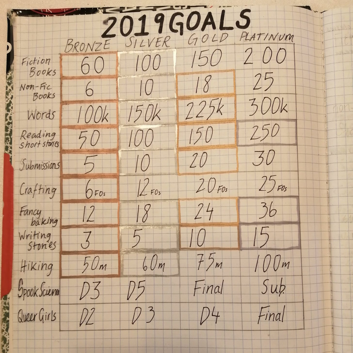 a chart entitled 2019 goals with "bronze, silver, gold and platinum" describing the horizontal columns, and the goals running down the vertical axis. The goals are "fiction books, non-fiction books, words, reading short stories, submissions, crafting, fancy baking, writing stories, hiking, spook science and quer girls"