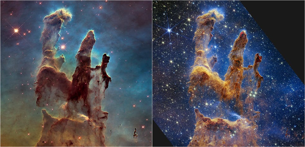 Comparison of Pillars of Creation. Hubble’s visible-light view, left, shows darker pillars rising from the bottom to the top, ending in three points. Webb’s near-infrared image, right, shows the pillars, but they are semi-opaque and rusty red-colored.