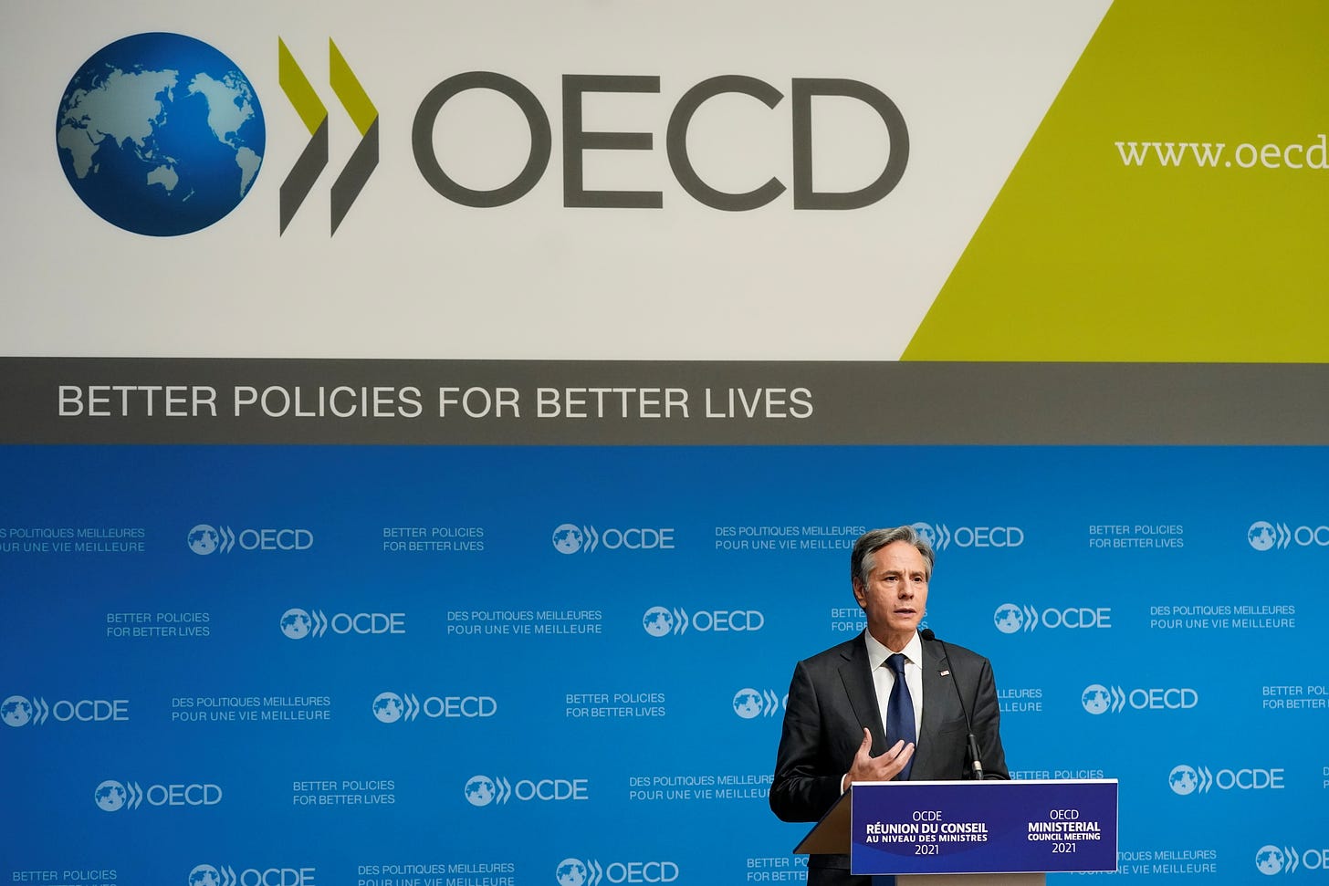 U.S. Secretary of State Antony Blinken speaks during a press briefing with Mathias Cormann, Secretary-General of the Organization for Economic Cooperation and Development, at the OECD's Ministerial Council Meeting, in Paris, France October 6, 2021.  Patrick Semansky/Pool via REUTERS