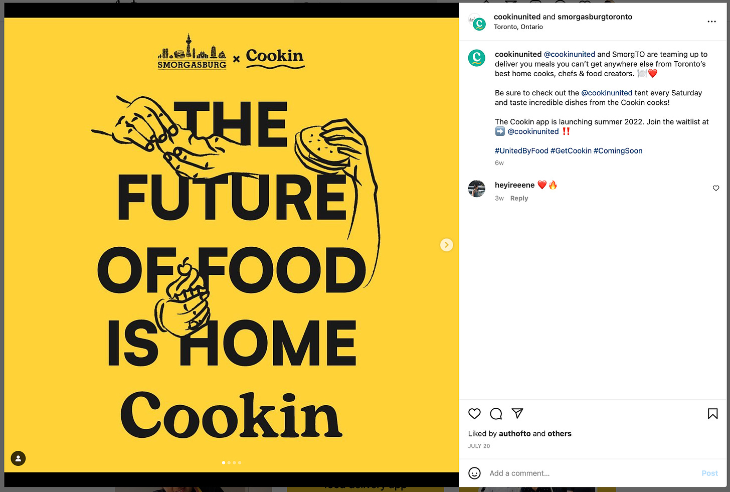 Screenshot of an Instagram post by Cookin, with the slogan, "The Future of Food is Home Cookin"