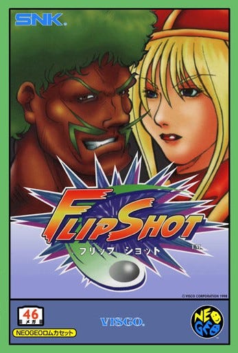 Box art for the Japanese version of Battle Flip Shot, which only says "Flip Shot" in English, and features two of the game's five playable characters in the background.