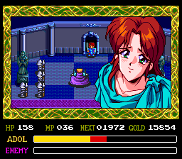 A screenshot of a cutscene from Dawn of Ys, with a large character portrait prominently displayed during the speech.