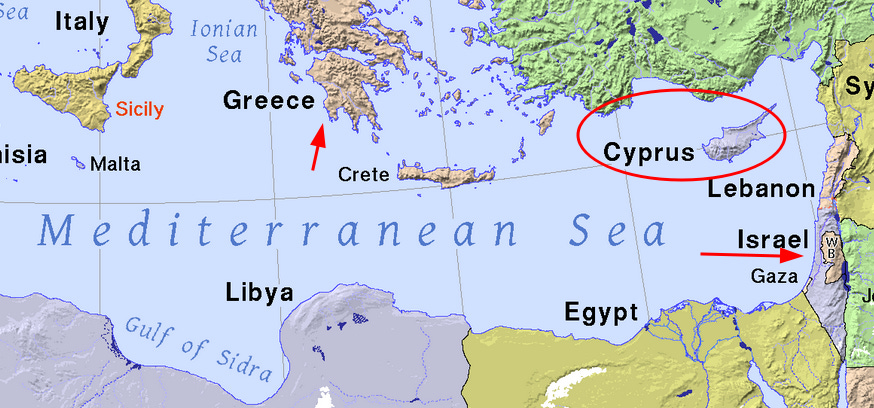 Mediterranean Sea Map highlighting Greece, Israel and Cyprus