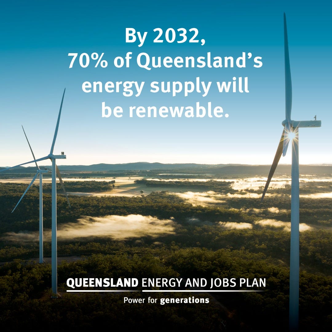 May be an image of text that says "By 2032, 70% of Queensland's energy supply will be renewable. QUEENSLAND ENERGY AND JOBS PLAN Power for generations"