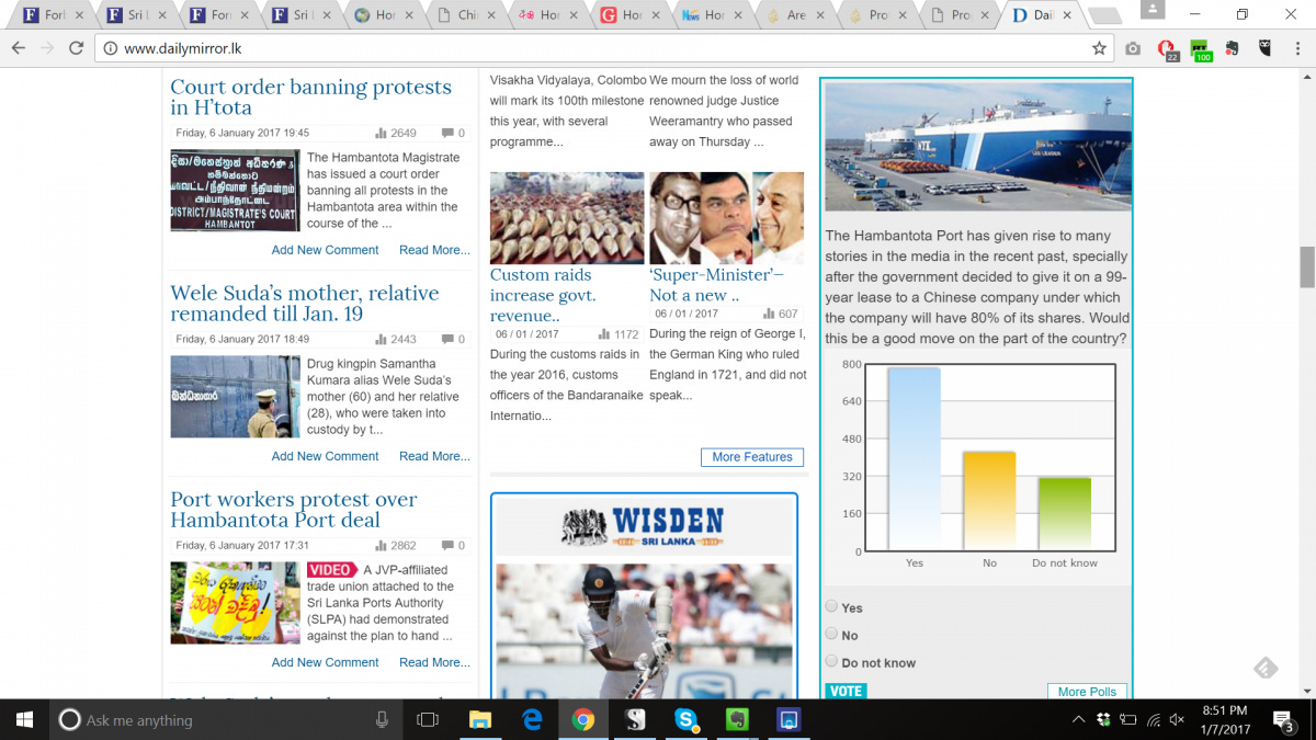 Screenshot of the Hambantota port handover survey on the front page of Sri Lanka's Daily Mirror. 