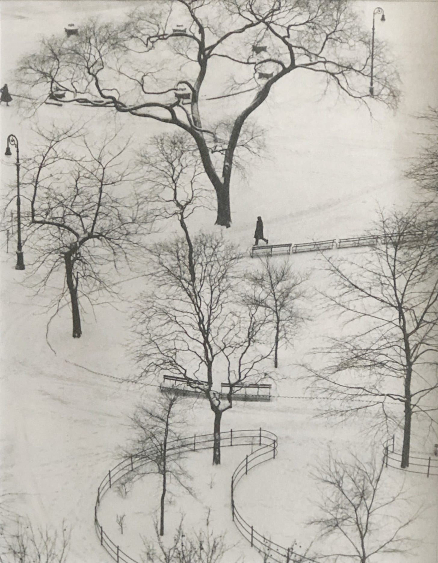 an aerial photograph of snow-covered Washington Square Park, New York City, 1954