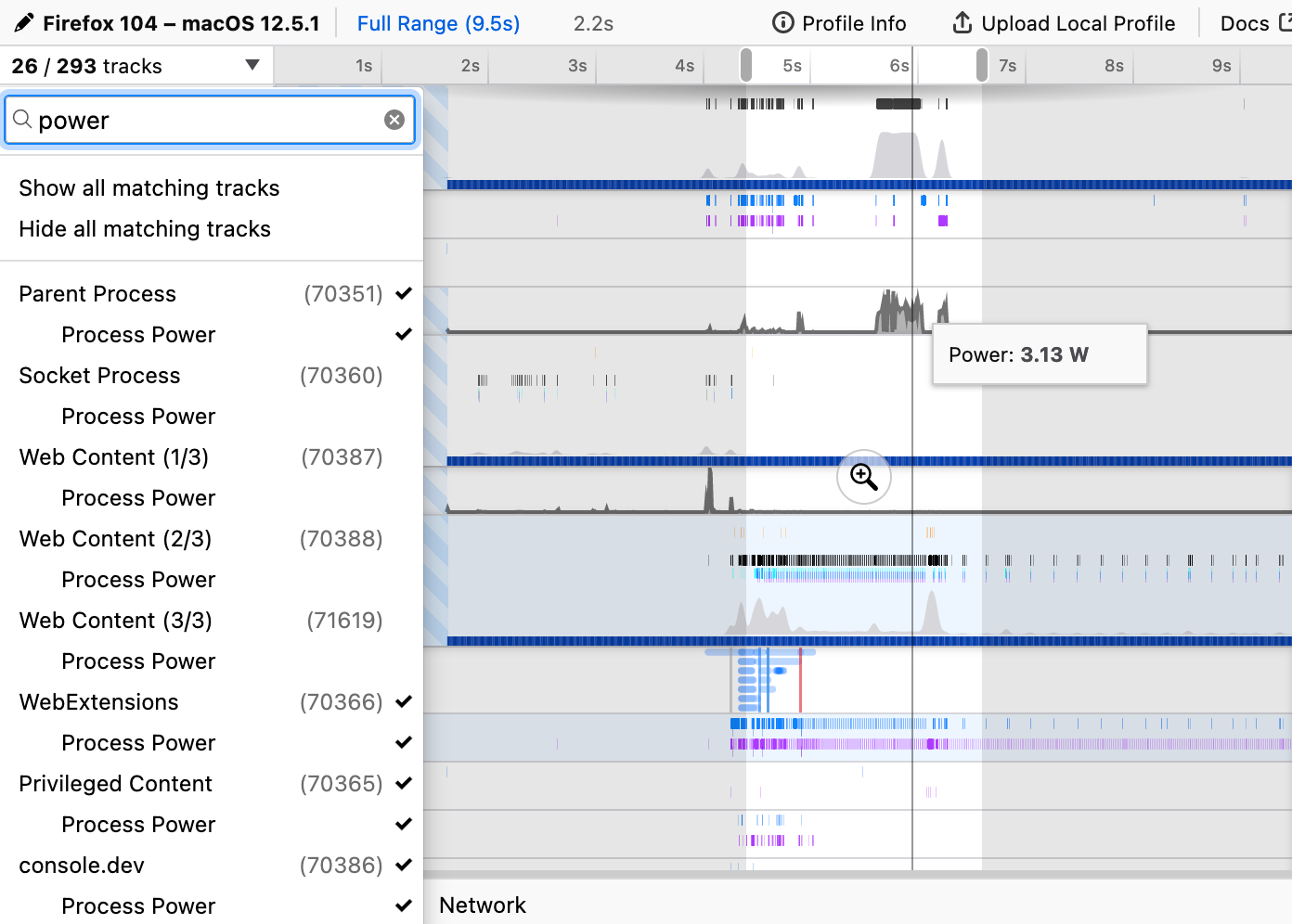 Screenshot of a power profile capture in Firefox 104 on macOS.