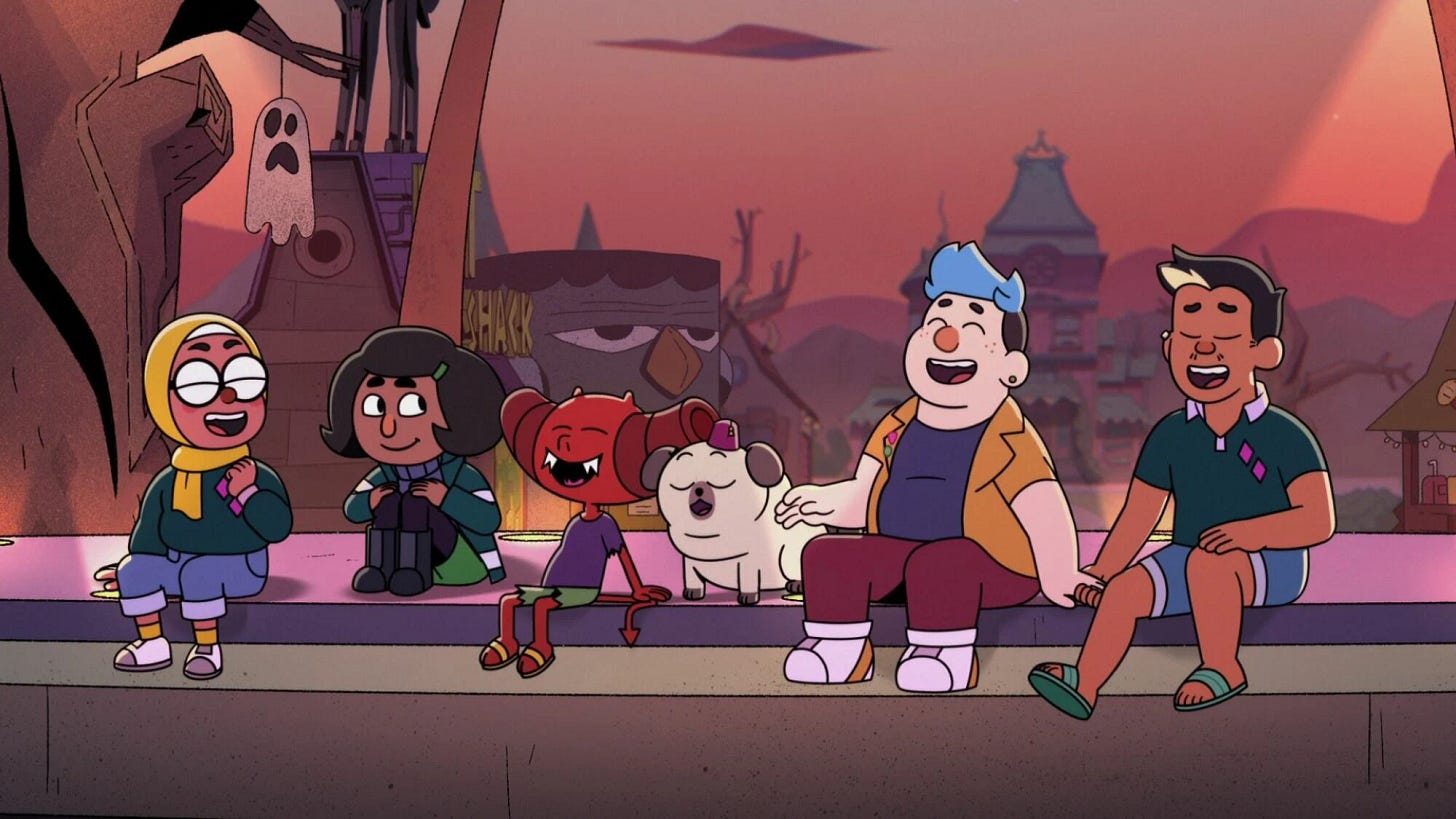 Image still from the show Dead End: Paranormal Park showing the main characters sitting together in a line, laughing and smiling.