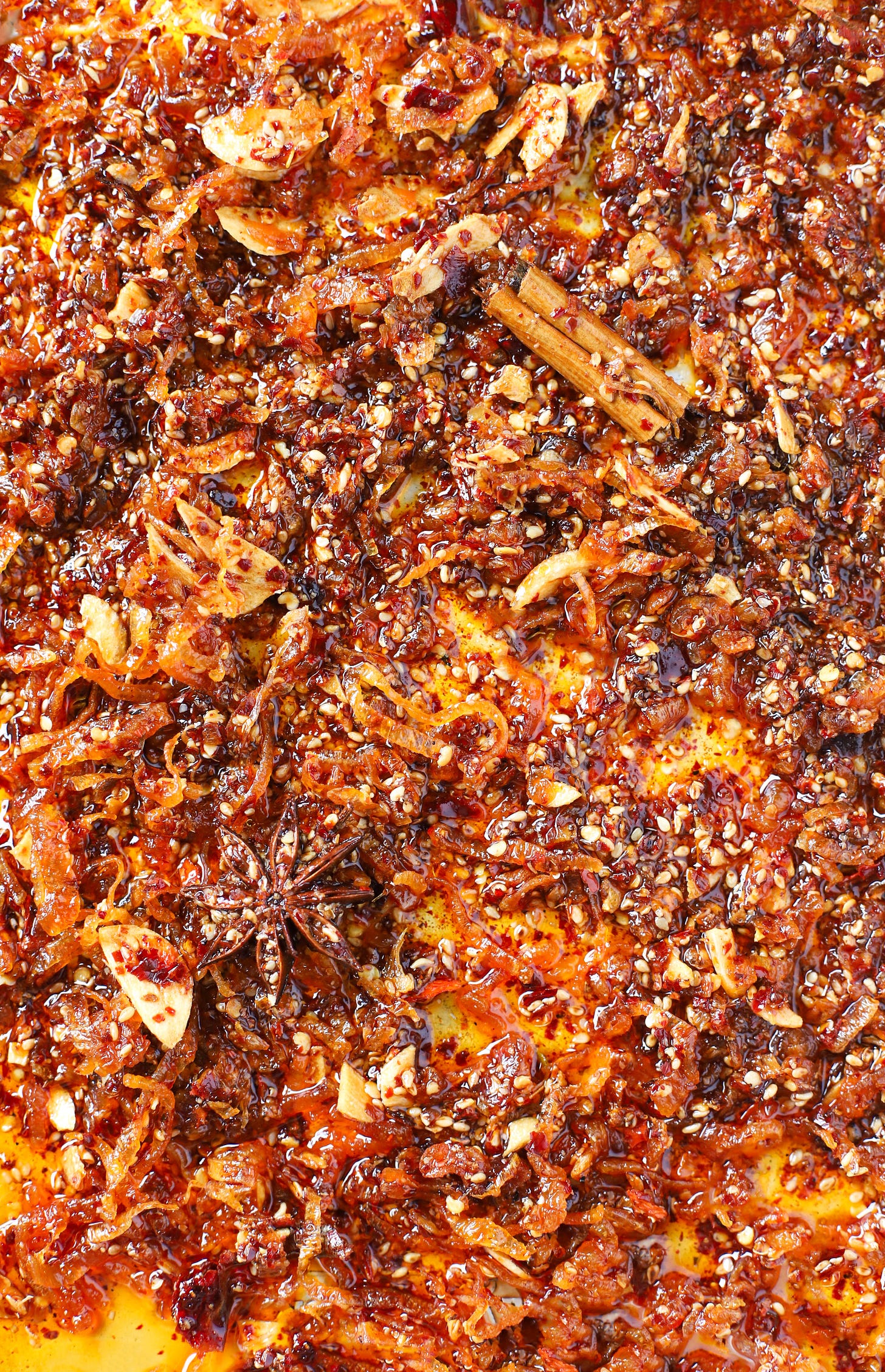 Close up of chili-shallot crisp