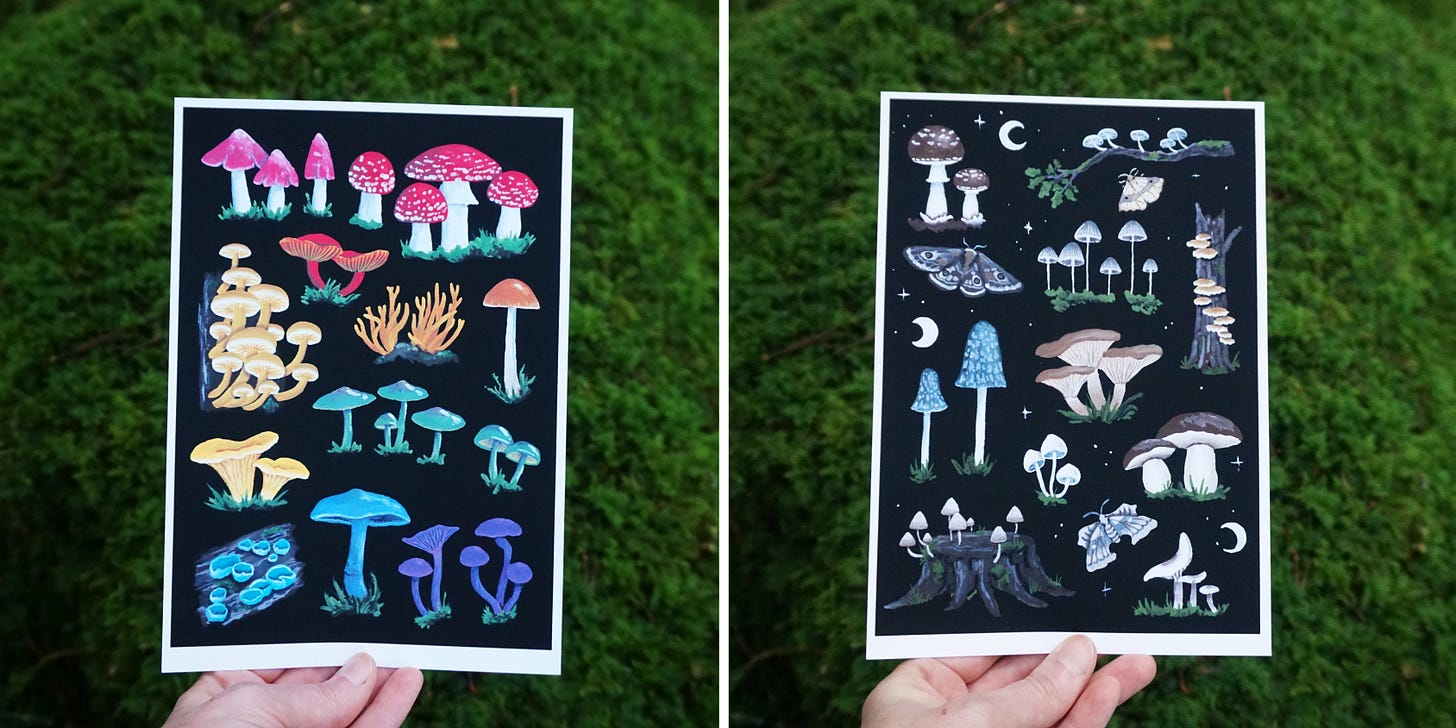 Image descriptions: a white persons hand holds two art prints up in front of some moss. Both prints have a rich black background. The pring on the left shows a bright array of mushrooms in rainbow colours. The one on the right shows a selection of mushooms, moths and moons in shades of brown and grey.