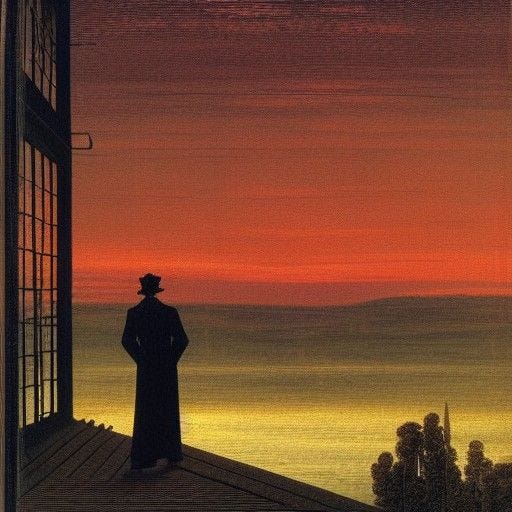 man leans on the deck rails of his mansion surrounded by the deep forest sunset Caspar David Friedrich