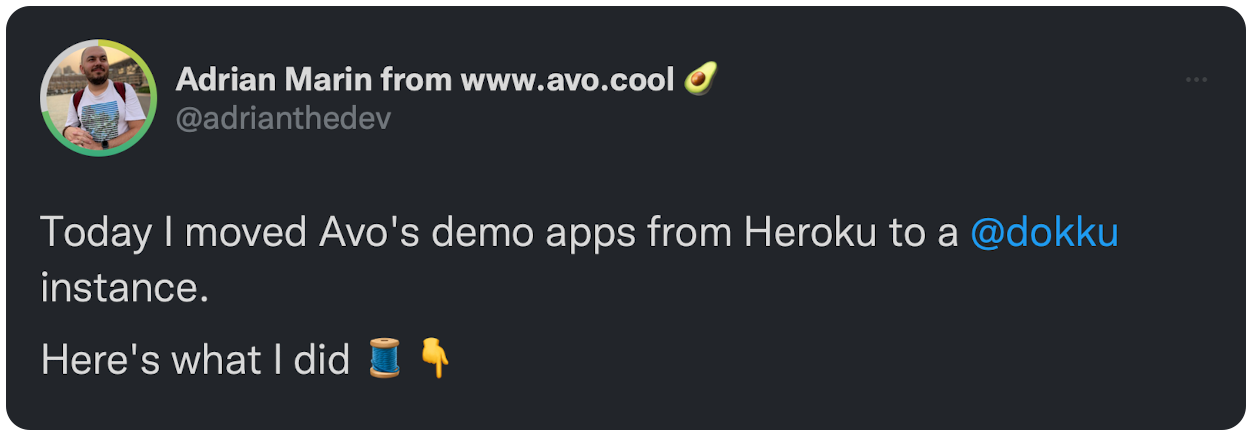 Today I moved Avo's demo apps from Heroku to a @dokku instance. Here's what I did 🧵👇