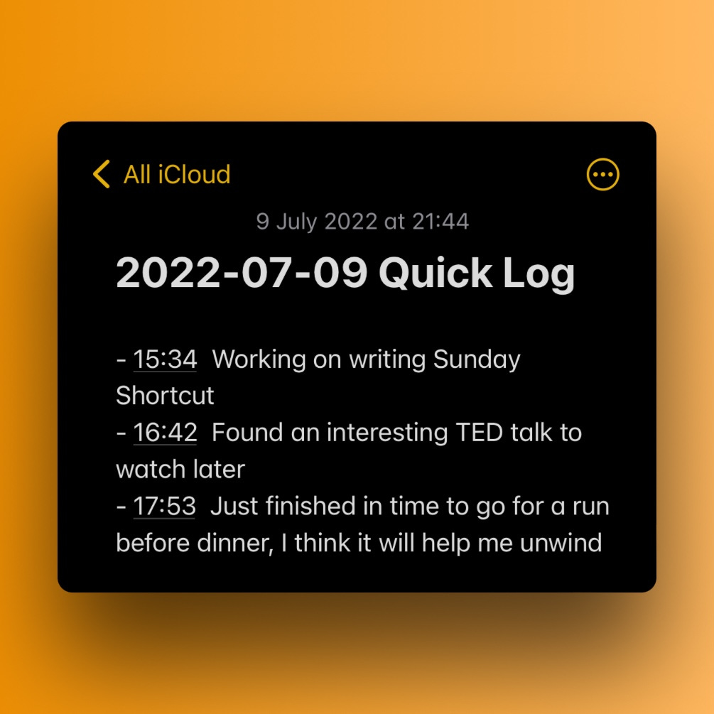 An example quick log entry in Apple Notes