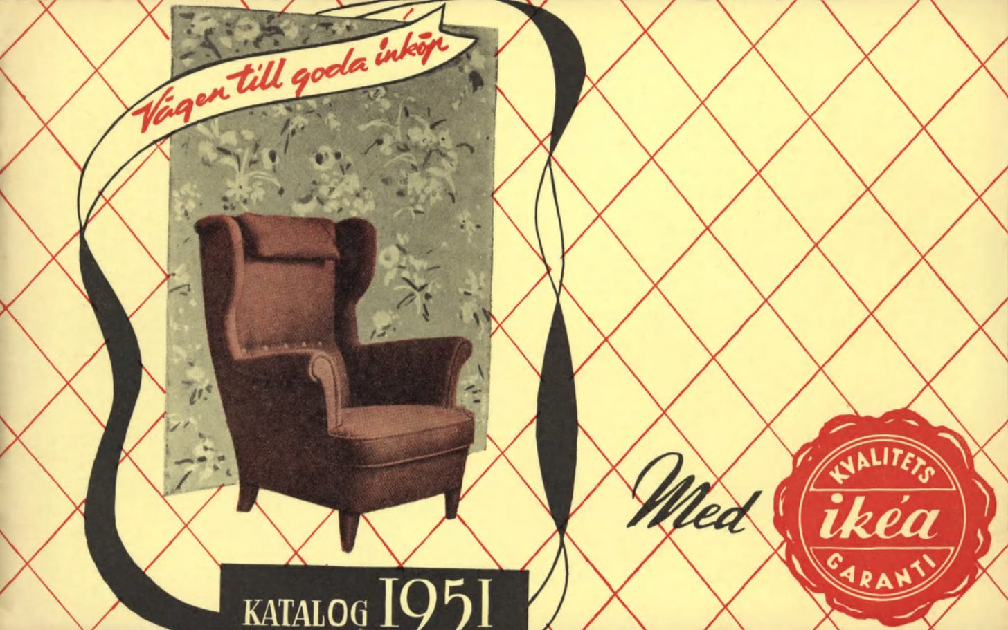 Brown high-back chair with floral patterened run in the background. Ikea logo and "Katalog 1951" in print.
