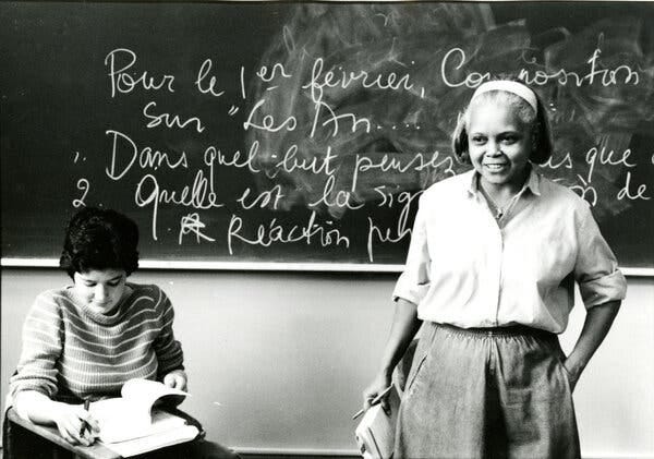 Prof. Quandra Prettyman leading a class at Barnard in the late 1980s. She taught a popular freshman survey course for four decades and broke new ground with courses in Black literature.