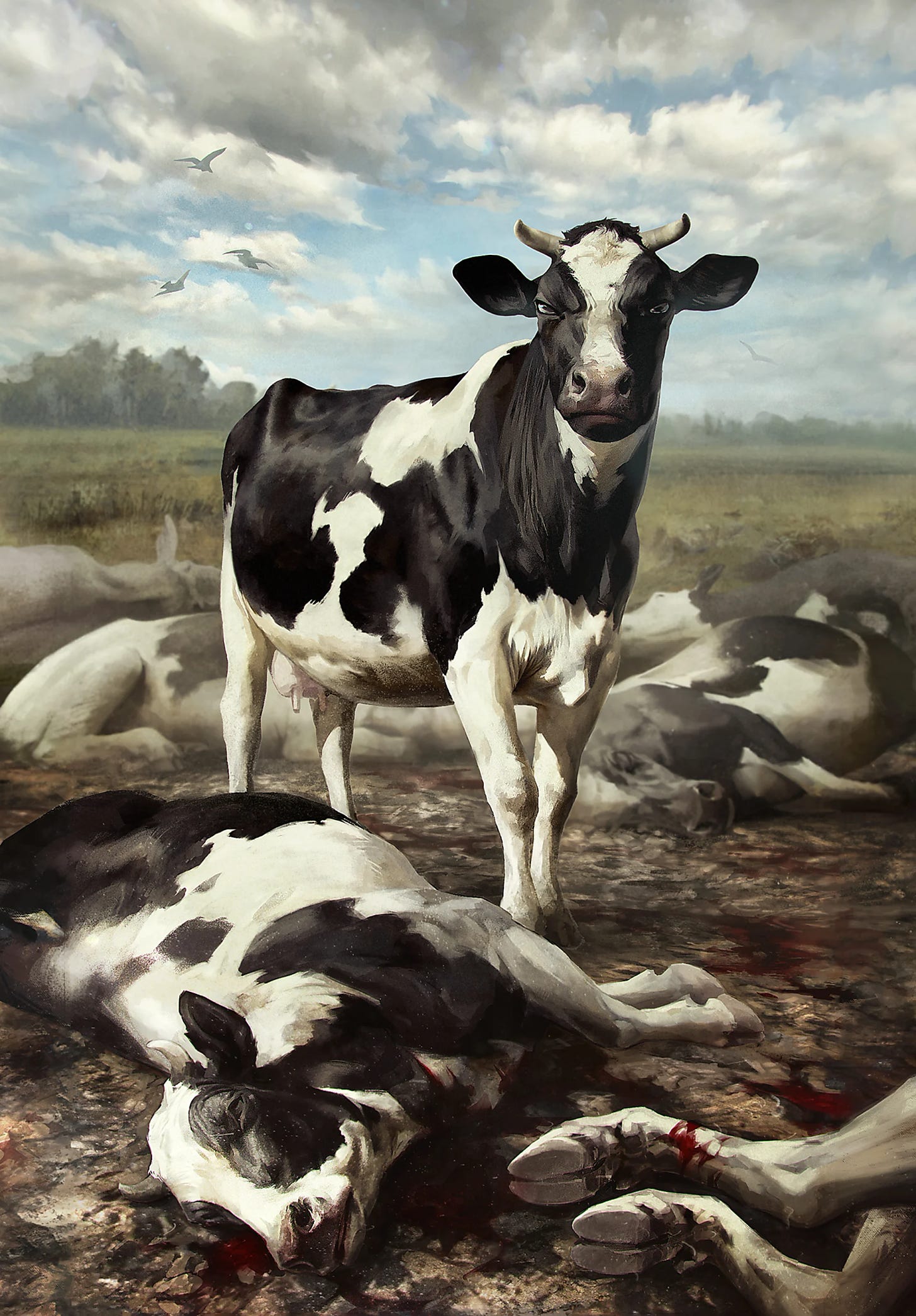This delightful image of an apparently murderous cow almost looks like a parody on 18th century animal paintings in its execution and composition.