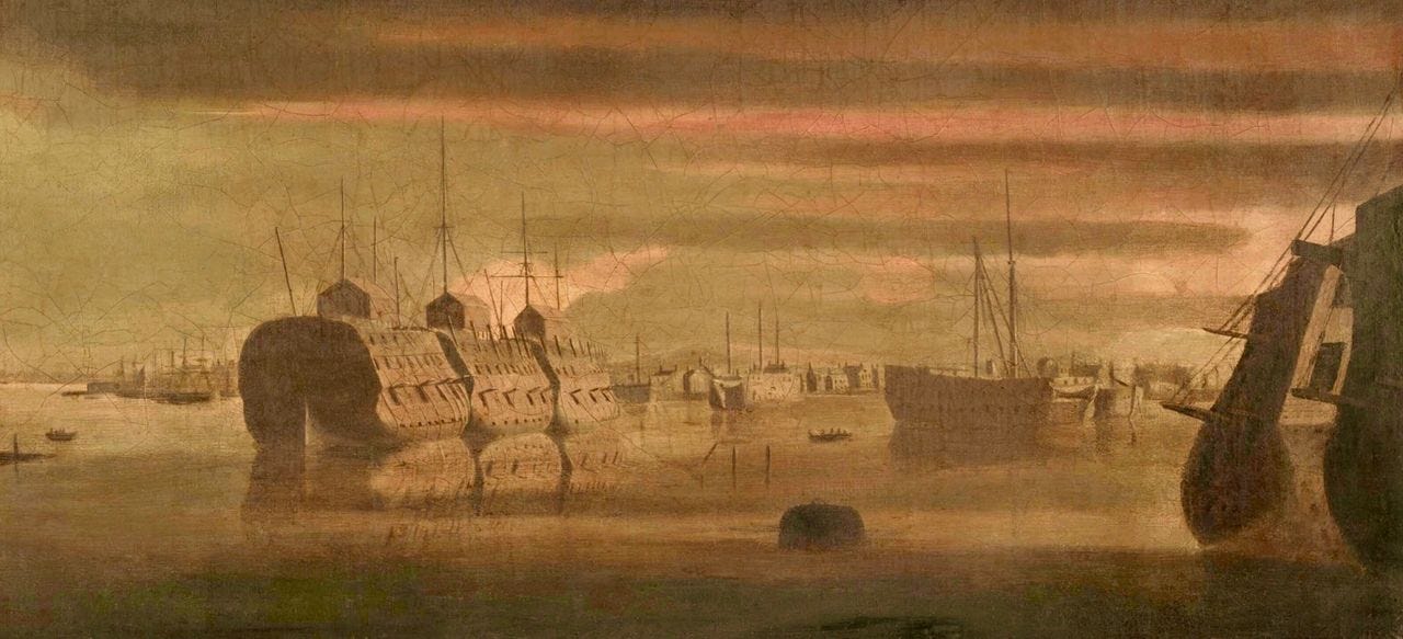 English: Painting of prison hulks and other ships, River Thames, England, circa 1814 Credit: State Library of New South Wales via National Library of Australia. Licence: https://creativecommons.org/licenses/by-sa/3.0/au/deed.en