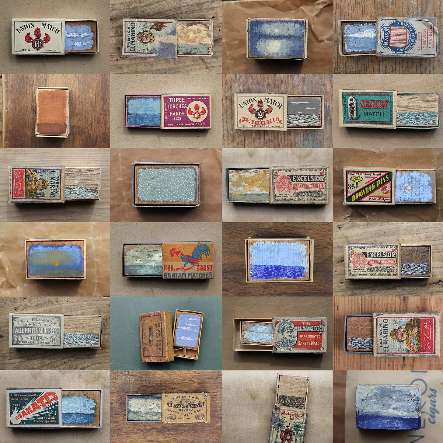 Selected Matchbox Seascapes  2010–2016 3.5 x 8-9cm approx each Gouache on wood within matchboxes  Availability