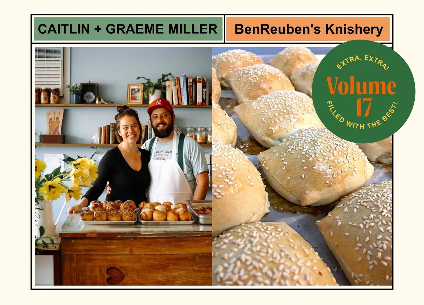 A graphic with an image of Caitlin and Graeme Miller in their knishery next to an image of their homemade knish