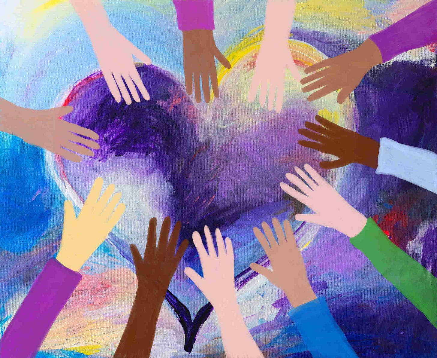 Painting of heart with hands of multicultural group