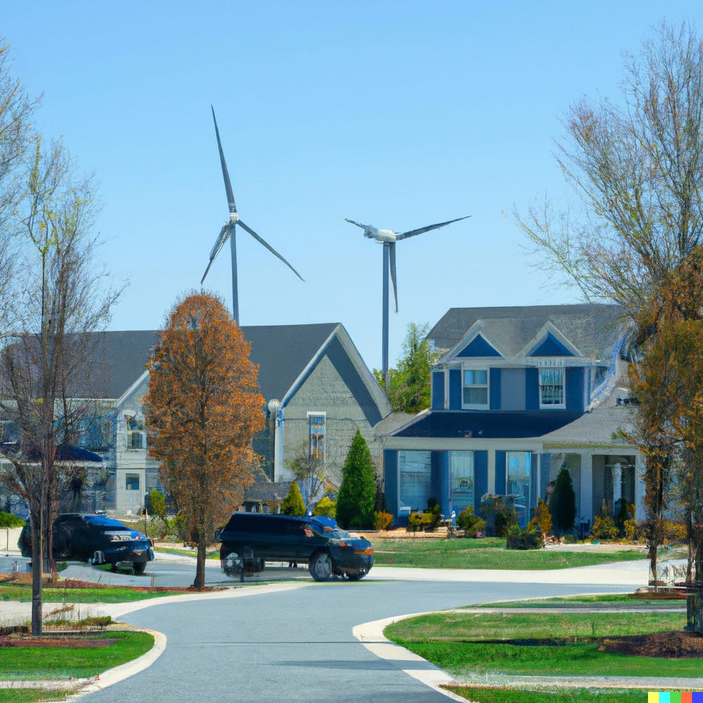 DALL-E artwork: “a photo of an American cul-de-sac of homes with electric SUVs parked in front, there are many deciduous trees, on the roofs of the homes are solar panels, in the distance are wind turbines, hyper-realistic”