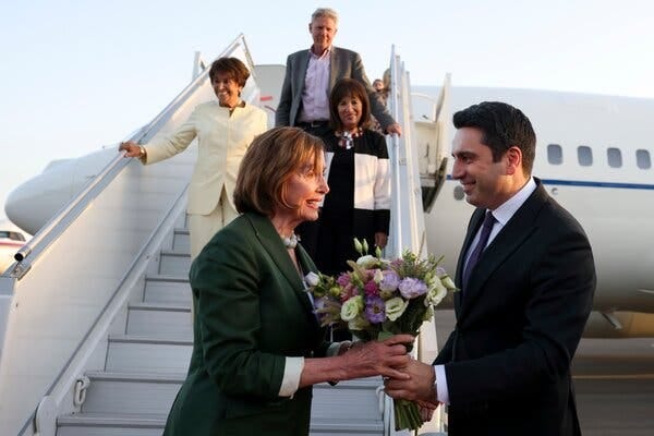 In a photo provided by the Armenian government, Speaker Nancy Pelosi was greeted by Alen Simonyan, the president of the National Assembly, on Saturday outside Yerevan, Armenia’s capital.