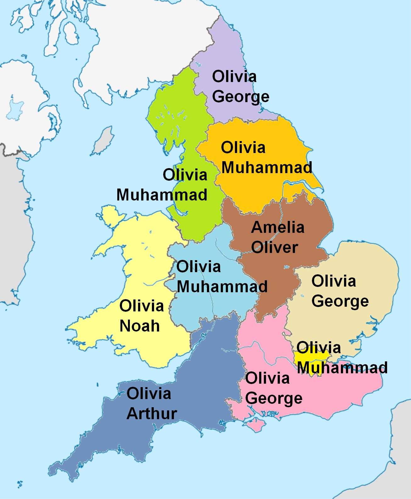 Map of England and Wales with most popular girl and boy name in each region.