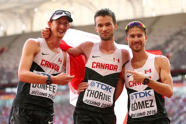 20km race walk bronze medallist Ben Thorne with Canadian team-mates Evan Dunfee and Inaki Gomez at the IAAF World Championships Beijing 2015 (Getty Images)