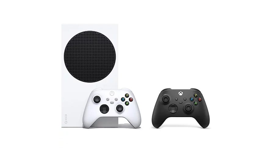 Xbox Series S and a spare controller on a white background.