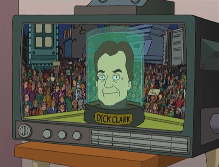 Hello, I'm Dick Clark's head. Welcome to a special Year 3000 edition of New  Year's Rockin' Eve." : futurama