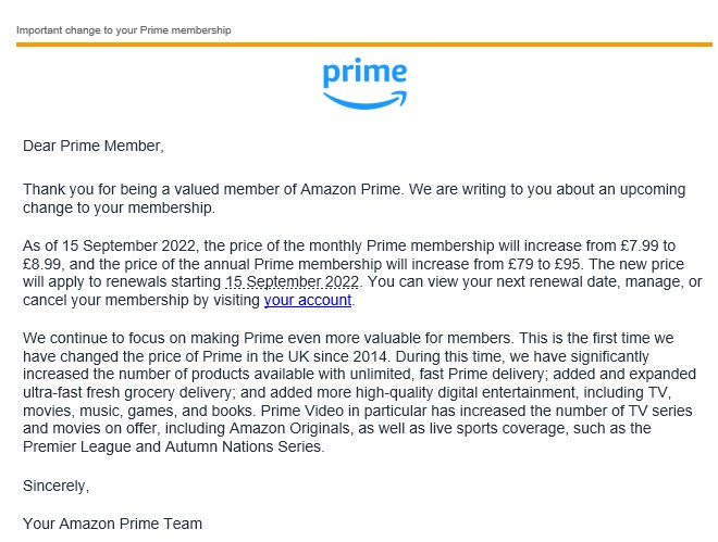 Amazon Prime email outlining the new price change