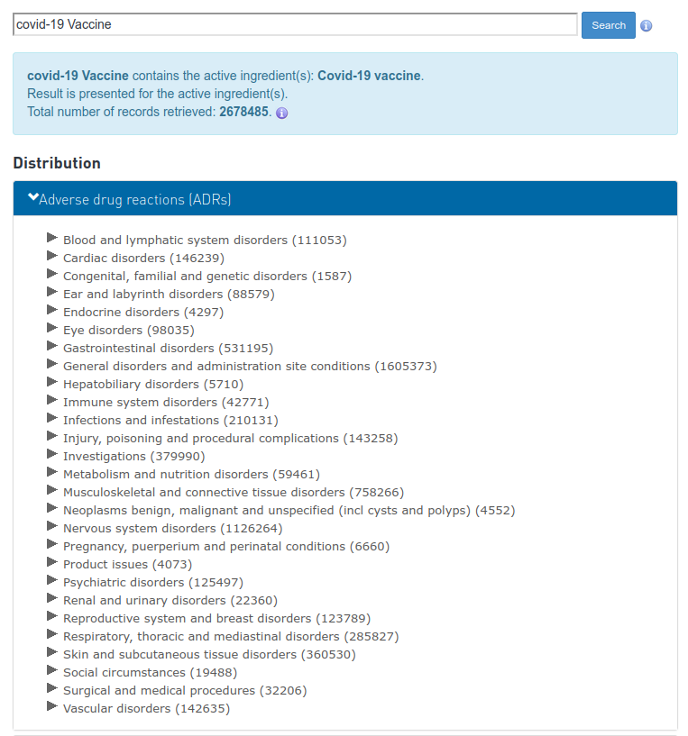 Screenshot of the World Health Organization's VigiAccess "Adverse drug reactions"