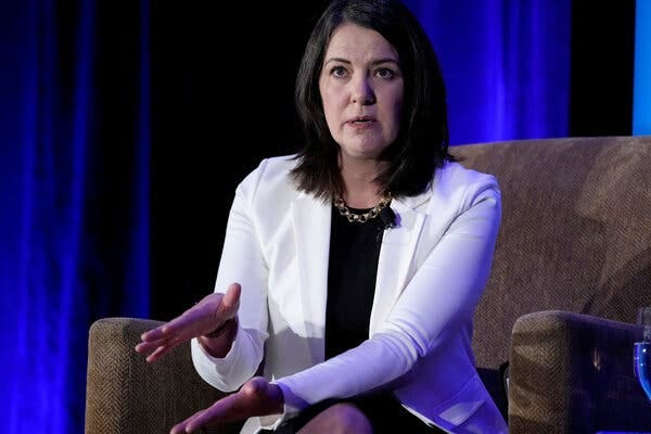 Danielle Smith, the premier of Alberta, speaking in Calgary last month. She has long espoused the view that the federal government is taking advantage of Alberta.